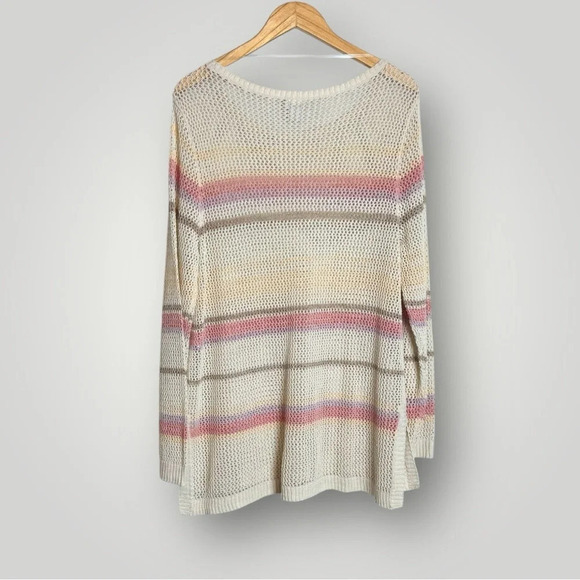 Chico’s | Textured Striped Sweater Open Weave Scoop Neck Side Slits EUC - Picture 5 of 9